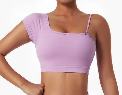 Sexy schuine schouder yoga kleding tops