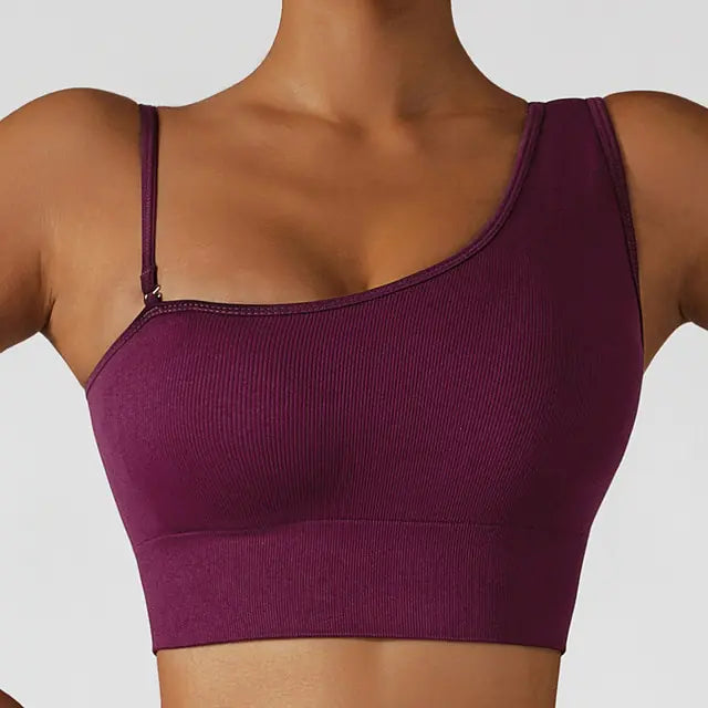 Sexy schuine schouder yoga kleding tops