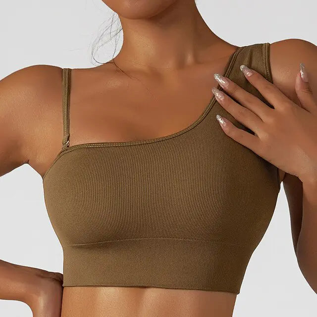 Sexy schuine schouder yoga kleding tops