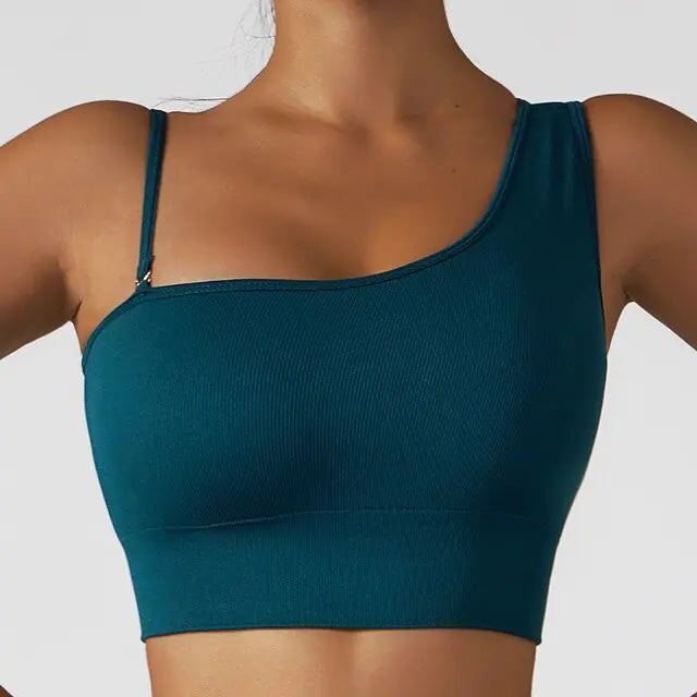 Sexy schuine schouder yoga kleding tops