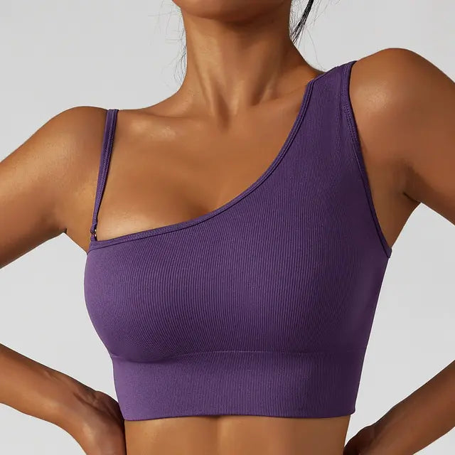 Sexy schuine schouder yoga kleding tops